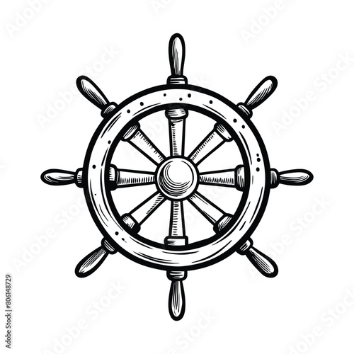 Ship's rudder outline in sketch style on white background, vector illustration