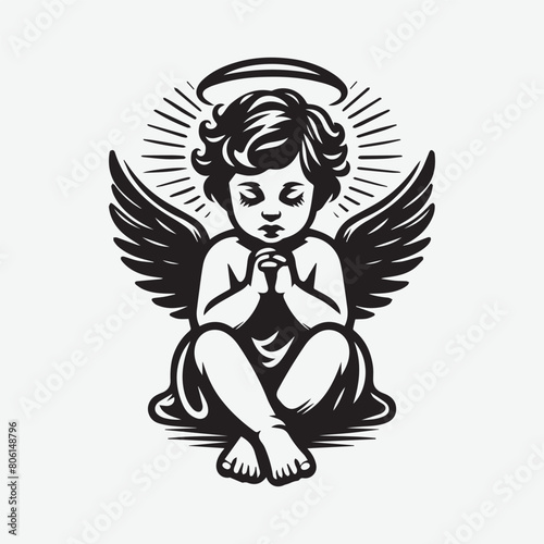 Baby angel praying Vector Illustration silhouette. angel or cupid little baby silhouette vector illustration
