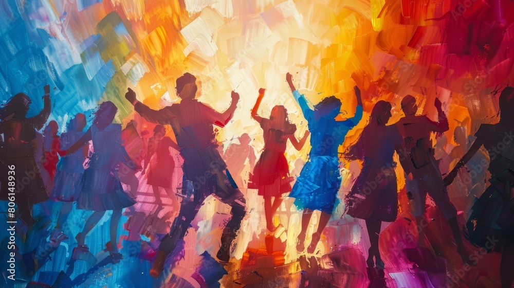 A painting of a group of people dancing in a colorful room. The painting is full of energy and excitement, with people of all ages and genders dancing together. The colors of the painting are vibrant A painting of a group of people dancing in a colorful room. The painting is full of energy and excitement, with people of all ages and genders dancing together. The colors of the painting are vibrant