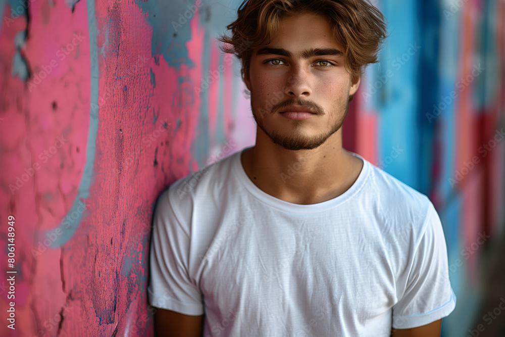Young man in white t-shirt leaning against colorful pink and gray wall with serious face expression