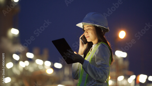 A female engineer, equipped with a hard hat and reflective vest, multitasks with a tablet and smartphone during night operations at an industrial facility.
 photo
