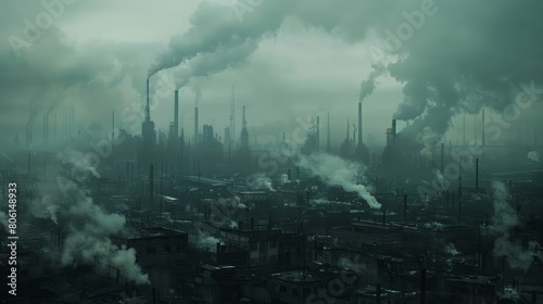 A city skyline with smoke and smog in the background. Scene is bleak and polluted