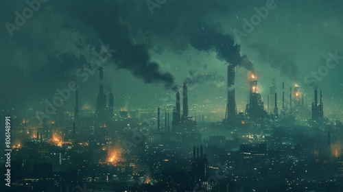 A city skyline with smoke and fire coming from the factories. Scene is dark and ominous