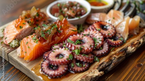A seafood antipasto platter showcasing an array of marinated octopus, grilled squid, smoked salmon, and pickled anchovies, perfect for sharing. photo