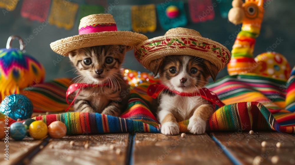 Two cats wearing sombreros and a dog wearing a sombrero are laying on a colorful blanket