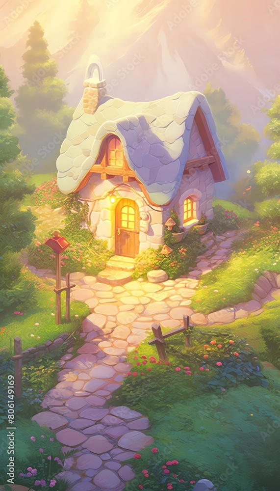 the Fairy Tale Cottage into a mesmerizing scene with a dynamic tilted view Highlight the cobblestone pathway, fairy lights twinkling around the door, and moss-covered stone walls Use a blend