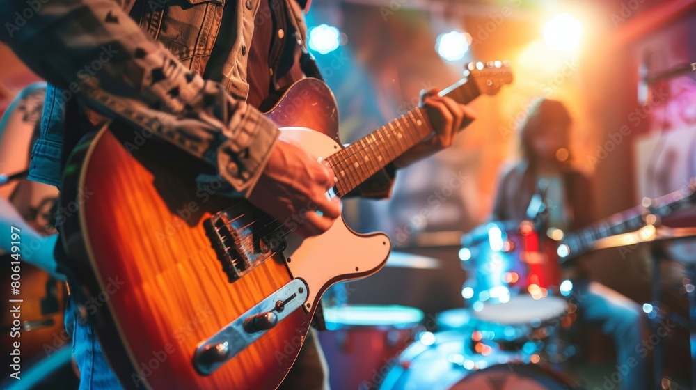 Obraz premium A man is playing a guitar in front of a drum set. The scene is lively and energetic, with the man's fingers moving quickly over the strings. The other musicians are also playing their instruments