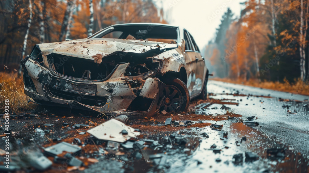 Fototapeta premium A car accident occurred on the road. Car accidents and general road fatalities and driver errors. Insurance is required for vehicles.