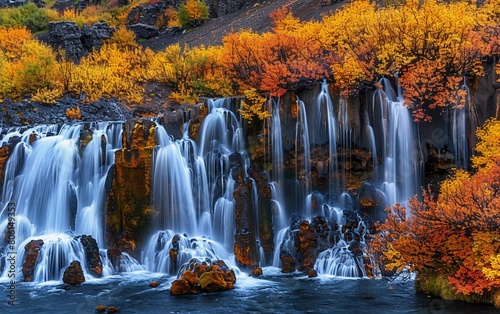 Magical and unique Hraunfossar waterfall in autumn. Also called  Lava Falls  which is a series of waterfalls. very impressive waterfall