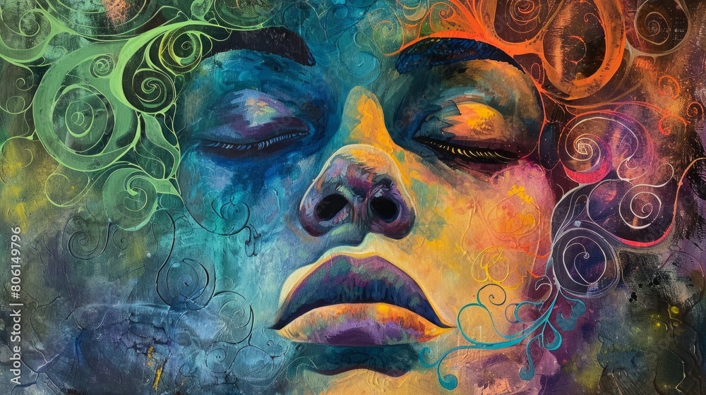 A colorful painting of a woman's face with a serene expression. The painting is full of vibrant colors and swirls, giving it a dreamy and ethereal feel. The woman's eyes are closed