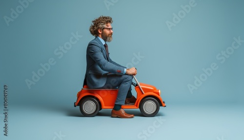 Businessman on mini vintage car side view
