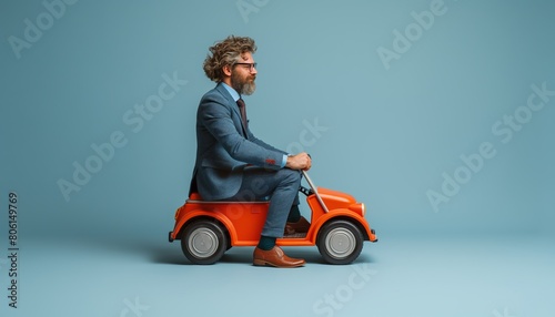 Businessman on mini vintage car side view