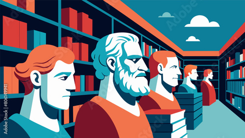 Engraved marble busts of famed Stoic philosophers overlooking rows of shelves eternally watching over the library and its visitors.. Vector illustration