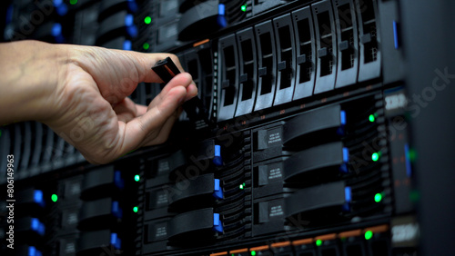 Close-up of a technician's hand installing a server hard drive in a data center, showcasing detailed server maintenance and management.
