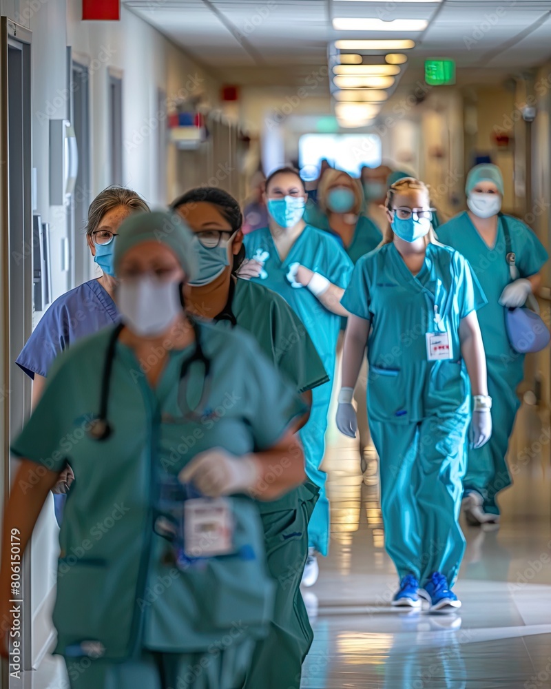 Bustling Hospital Hallway, Medical Staff, Face Masks and Scrubs Bustling Hospital Hallway, Medical Staff, Face Masks and Scrubs