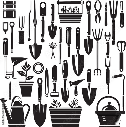 Gardening tools silhouette, vector