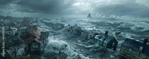 An unsettling depiction of a heavy storm flooding a coastal town, demonstrating the increased weather severity due to climate change photo