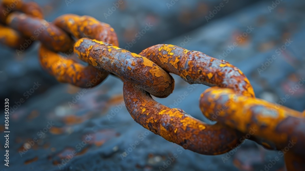 A rusty chain link is shown in a close up. The chain is old and rusted, with a few spots of paint missing. The chain is twisted and bent, giving it a somewhat ominous appearance A rusty chain link is shown in a close up. The chain is old and rusted, with a few spots of paint missing. The chain is twisted and bent, giving it a somewhat ominous appearance