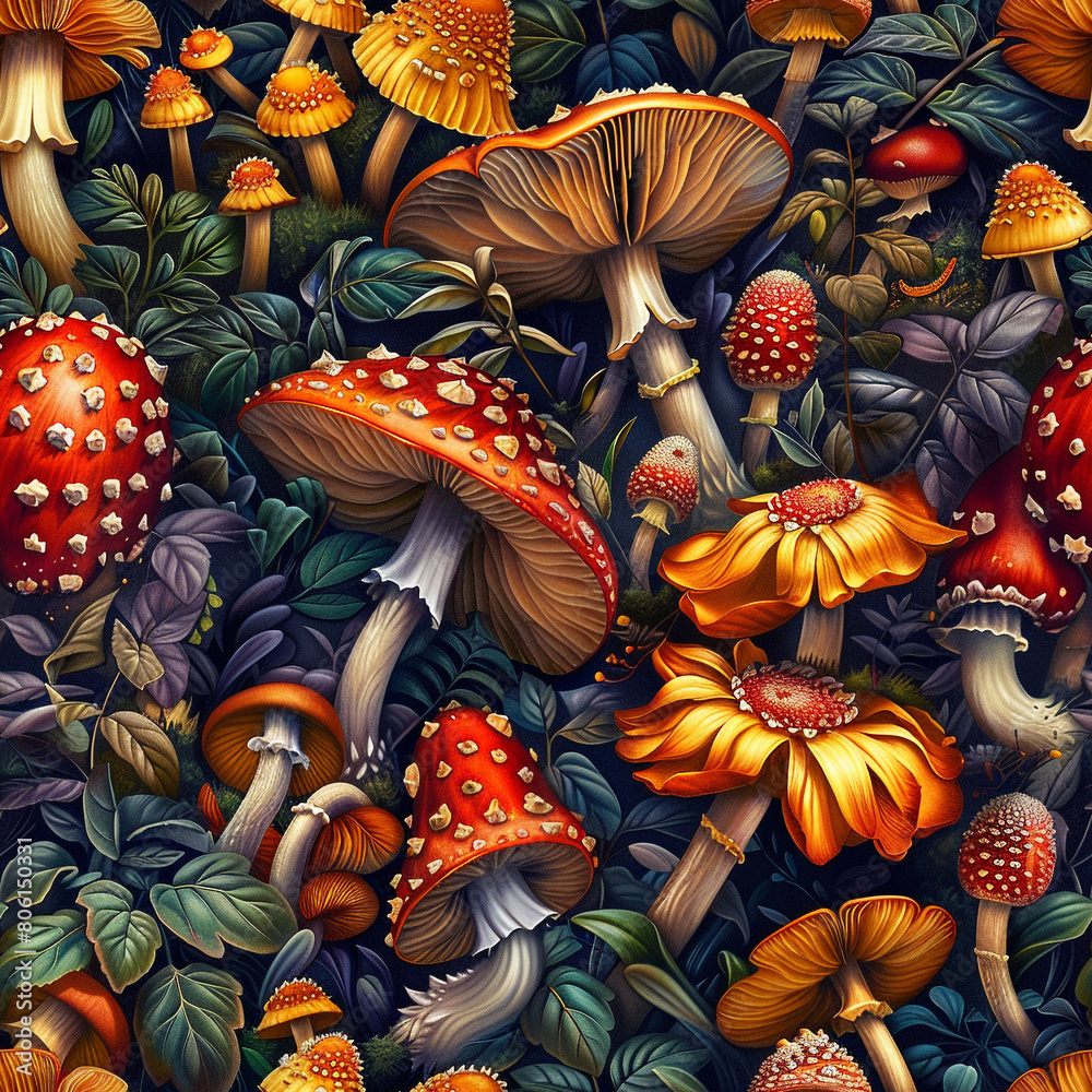 Whimsical Mushrooms Digital Art, Seamless Pattern