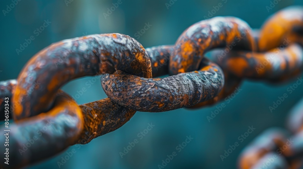 A chain link is shown in a close up. The chain is rusted and worn, with a few links missing. The chain is twisted and bent, giving it a sense of wear and tear A chain link is shown in a close up. The chain is rusted and worn, with a few links missing. The chain is twisted and bent, giving it a sense of wear and tear