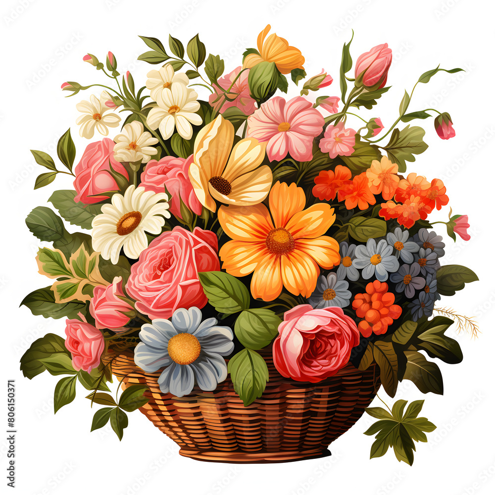 A classic clip art of a flower basket, overflowing with assorted blooms and greenery.