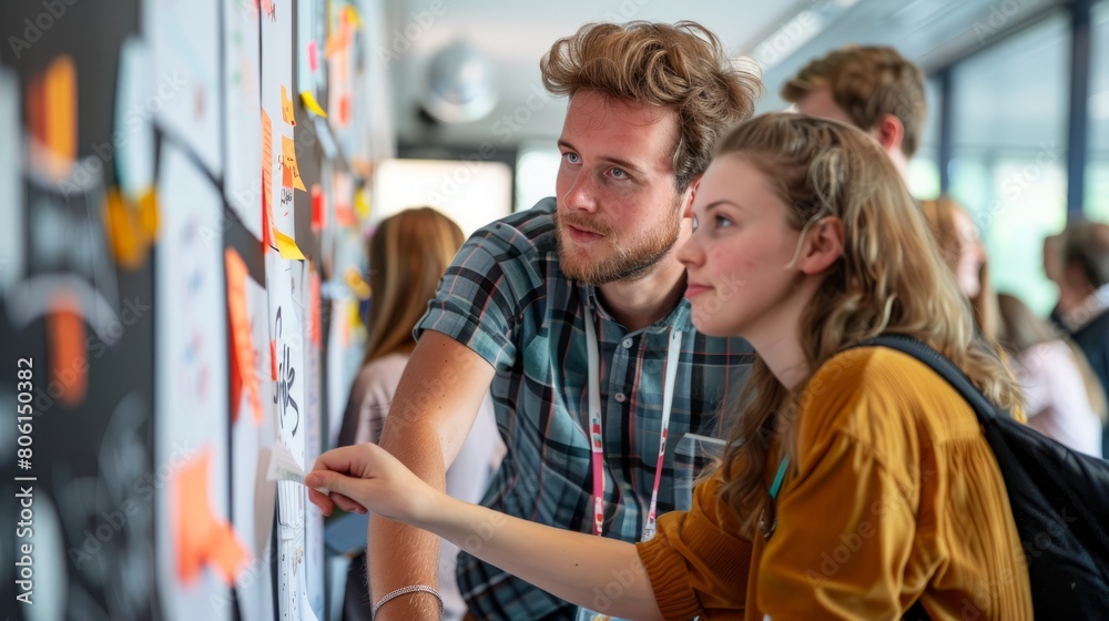 A man and a woman are looking at a wall covered in sticky notes. Scene is collaborative and focused