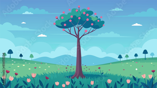 A solitary tree standing tall and strong amidst a sea of wildflowers representing the strength and solitude of a quiet mind.. Vector illustration