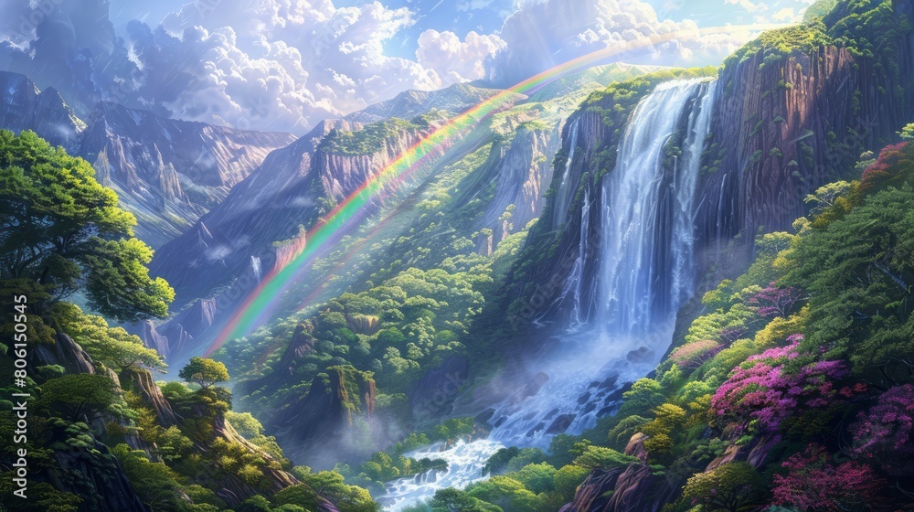 A lush green forest with a waterfall and a rainbow. The sky is cloudy and the sun is shining through the clouds