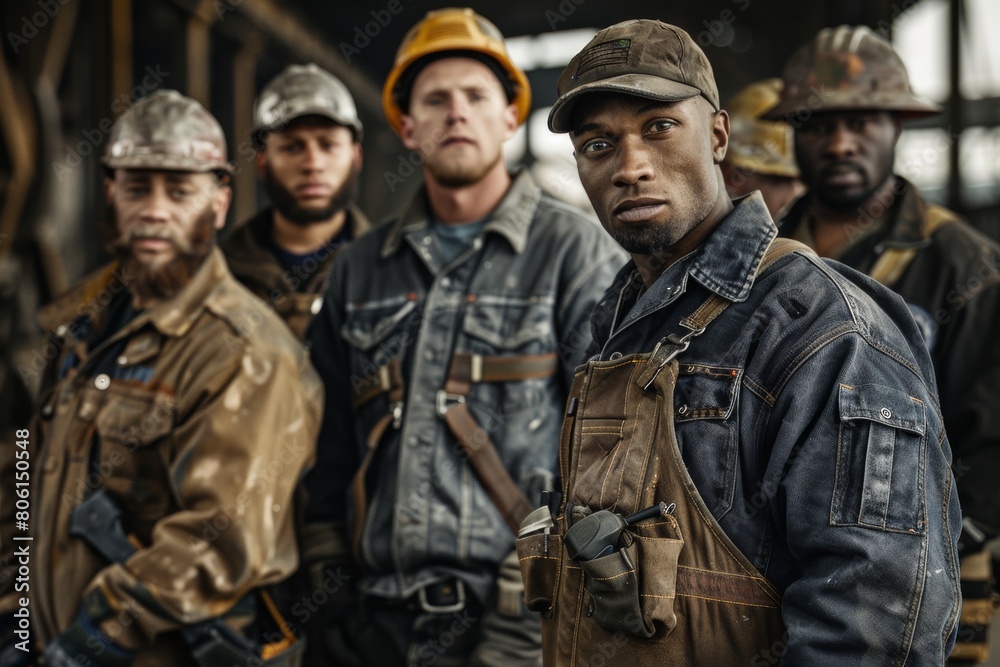 Construction workers, clad in their work gear, strike a pose together in a cinematic setting, highlighting their teamwork and unity.