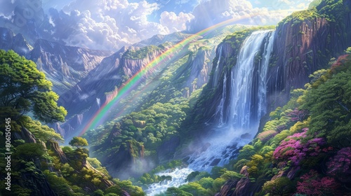 A lush green forest with a waterfall and a rainbow. The sky is cloudy and the sun is shining through the clouds