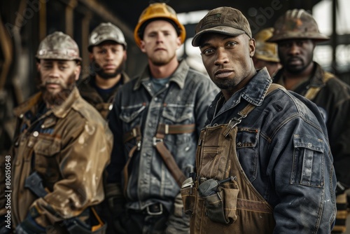 Construction workers, clad in their work gear, strike a pose together in a cinematic setting, highlighting their teamwork and unity.