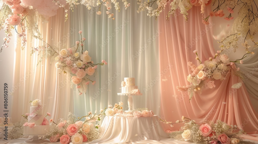 A table with a cake and flowers on it. The table is surrounded by pink, white, and blue curtains A table with a cake and flowers on it. The table is surrounded by pink, white, and blue curtains