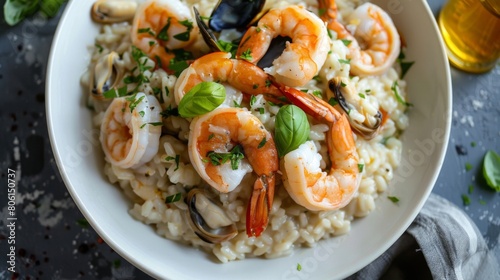A seafood risotto masterpiece, creamy and rich, studded with plump shrimp, tender calamari rings, and juicy mussels, a comforting culinary indulgence. photo