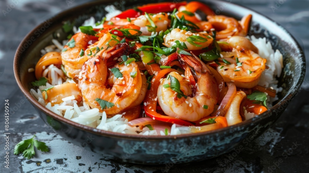 A seafood stir-fry sizzle with plump shrimp, tender squid, and crispy vegetables, tossed in a savory sauce and served over steaming rice, a stir-fry sensation. A seafood stir-fry sizzle with plump shrimp, tender squid, and crispy vegetables, tossed in a savory sauce and served over steaming rice, a stir-fry sensation.