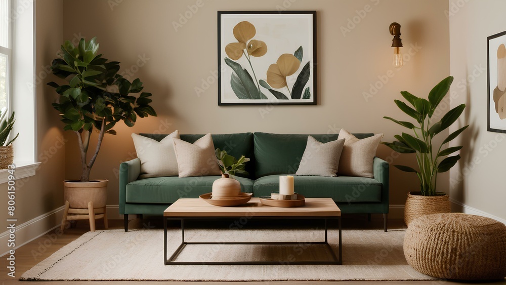 Fototapeta premium A living room with a green couch, a coffee table, and a potted plant. The room has a modern and minimalist design, with a focus on natural elements like plants and wood. small home interior design