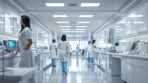 A group of medical professionals are walking through a large  sterile room with white walls and cabinets. Scene is serious and focused