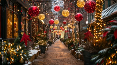 A long, narrow street is decorated with red and yellow Christmas lights. The street is lined with potted plants and trees, and there are several people walking along the sidewalk