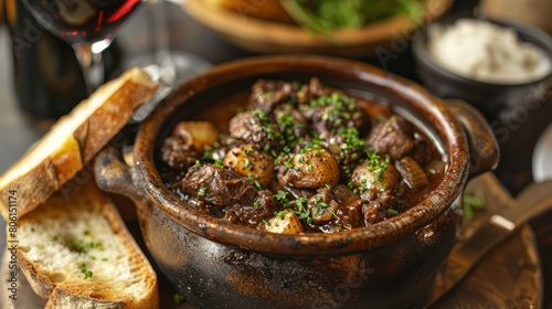 A bowl of stew with meat and potatoes sits on a wooden table. A bottle of wine is to the left of the stew. A knife and a spoon are on the table