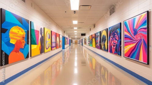 A hallway with a series of colorful paintings on the wall. The paintings are of people and have a variety of colors. The hallway is long and narrow, with a lot of space between the paintings