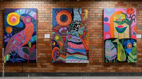Three colorful paintings of birds and other animals are hanging on a brick wall. The paintings are arranged in a row  with the middle one being the tallest