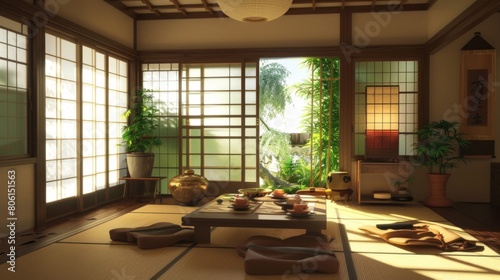 A serene Asian-inspired living room with tatami mats  shoji screens  and minimalist furnishings  creating a tranquil Zen ambiance.