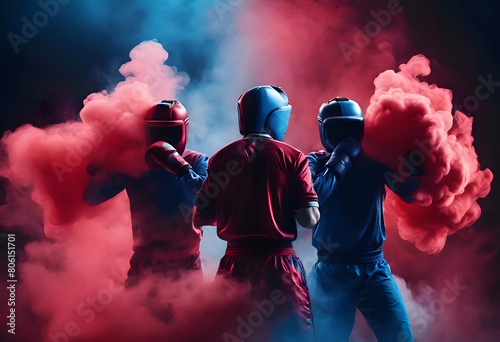 Intense Boxing Match with Red and Blue Smoke Effects: Dramatic Sports Photography photo