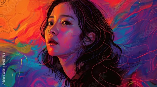 Illustration of a Korean girl with bold lines, blending documentary and editorial photography. photo