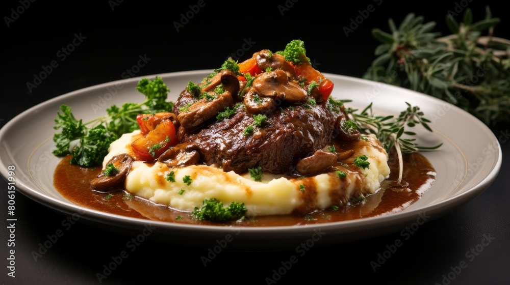 A white plate holds a delicious combination of creamy mashed potatoes and savory beef