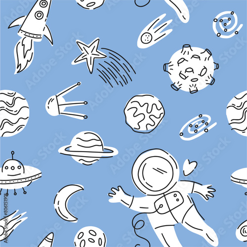 Vector pattern of space objects, symbols and an astronaut, hand-drawn in the style of doodles © Abundzu