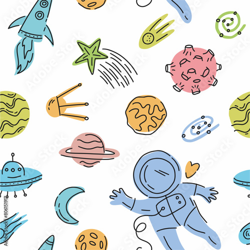 Vector pattern of space objects, symbols and an astronaut, hand-drawn in the style of doodles © Abundzu