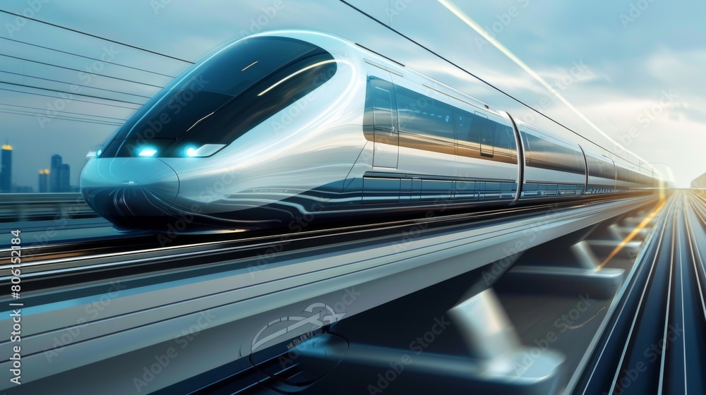 A sleek high-speed train racing along elevated tracks, illustrating the futuristic efficiency of modern rail transportation.