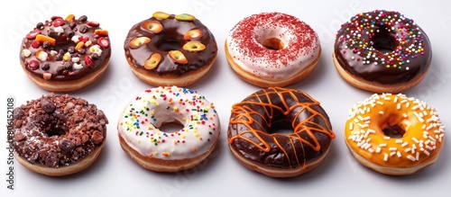 Collection of different delicious donuts on color background