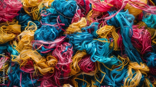 A pile of colorful yarn with a variety of colors including blue, yellow, and red. The colors are mixed together in a way that creates a vibrant and lively atmosphere