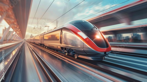A sleek high-speed train racing along elevated tracks, illustrating the futuristic efficiency of modern rail transportation. © Plaifah